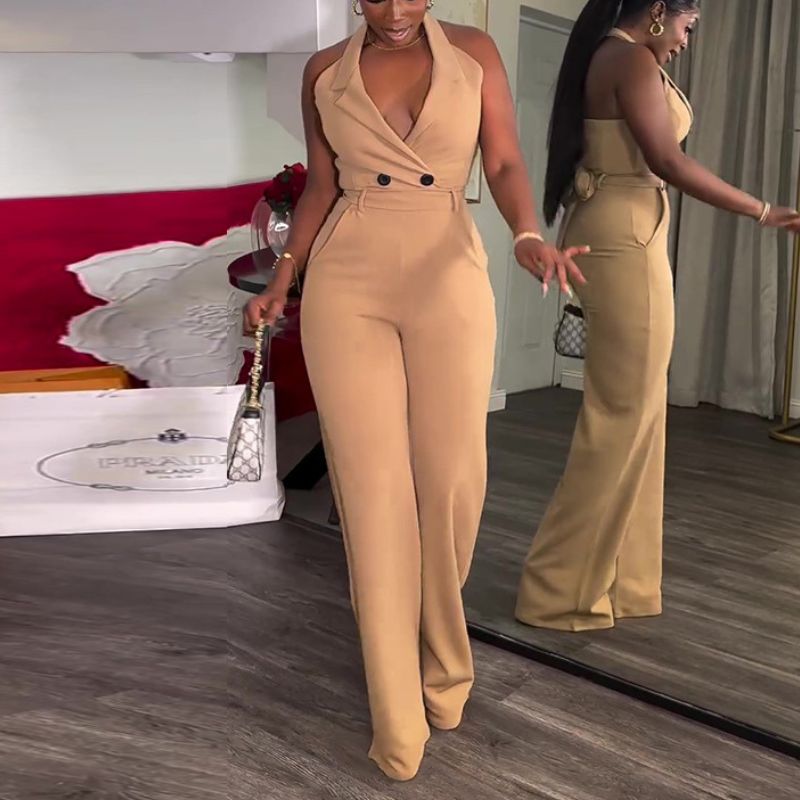 Halter Backless High Waist Jumpsuits Khaki / M