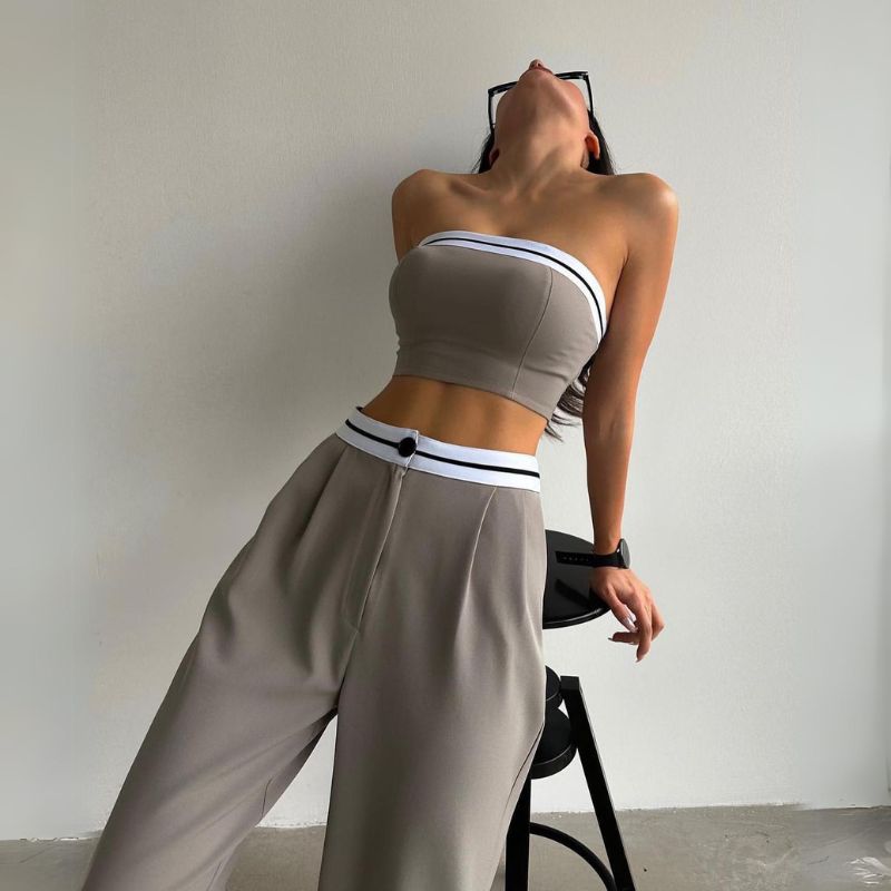 Tube Top & Wide Leg Trousers Set Grey / M