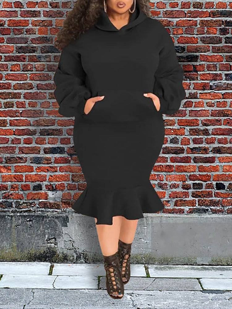Hoodie Sweater Flounce Skirt Set Army Green / 4XL