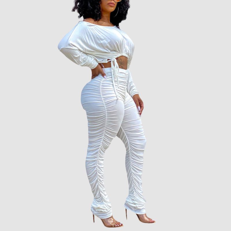 Drawstring Crop Top & Pleated Pant Set White / M