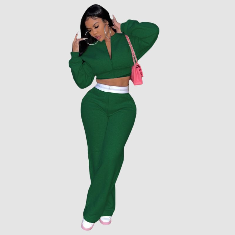 Zipper Sweatshirt & Wide Leg Pant Set Green / M