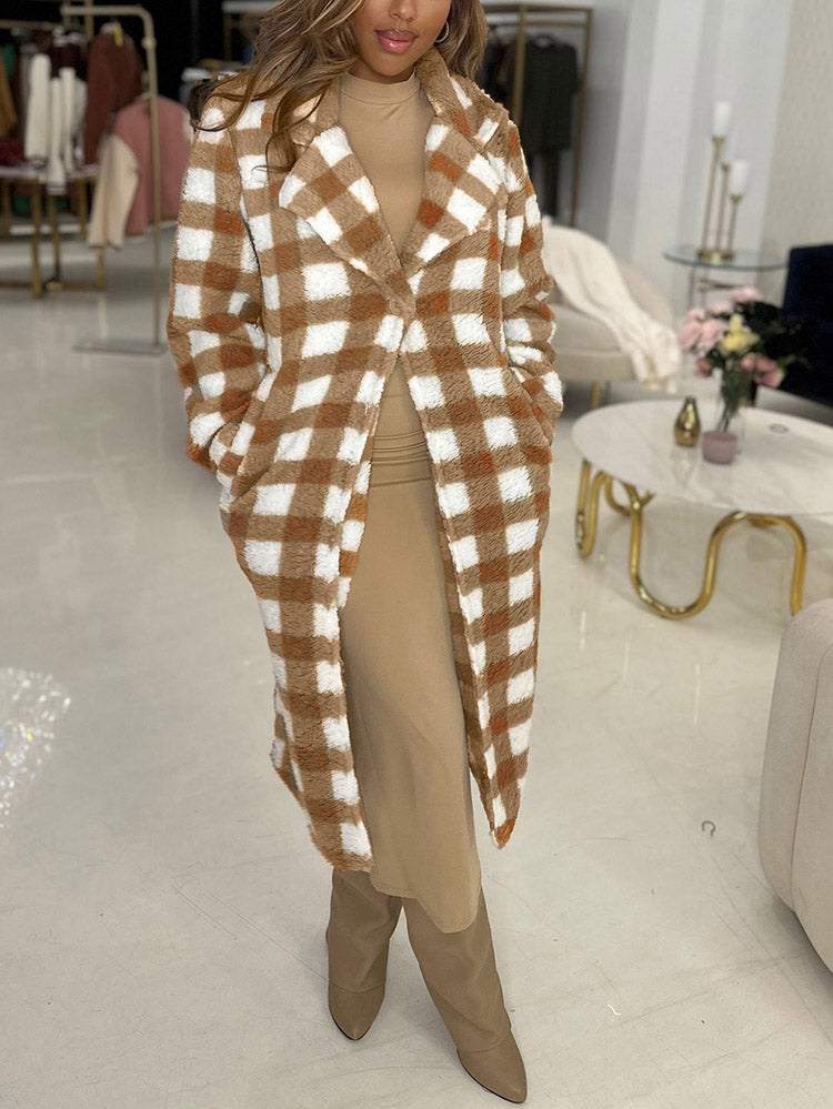 Plaid Fleece Coat Khaki / M