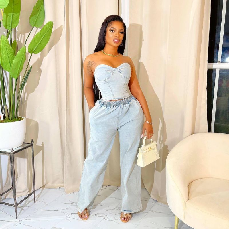 Denim Strapless Crop Top & Long Pant Set Blue / M