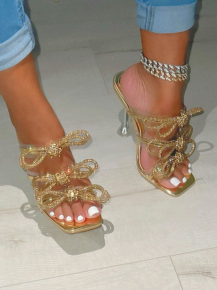 Bow Rhinestone Heels Gold / 9/9.5