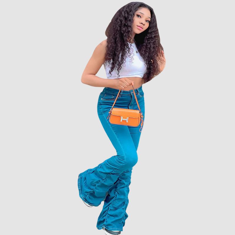 Solid Color Stretch Pleated Jeans Blue / M