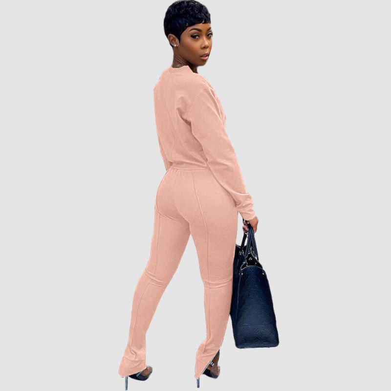 Crew Neck Top & Slit Pant Set Pink / M