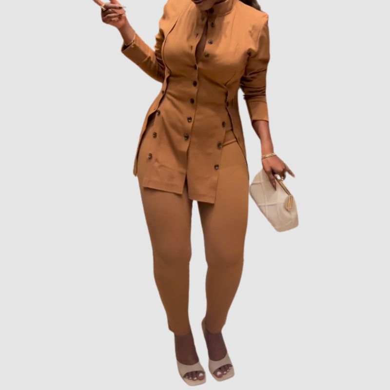 Stand Collar Slit Top & Bodycon Pants set Brown / M