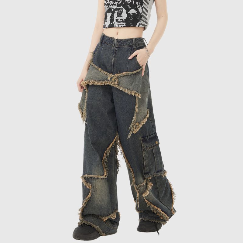 Star Pattern Frayed Patchwork Jeans Blue / XL