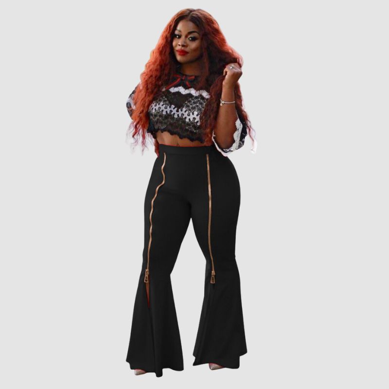 High Waist Bodycon Zip Decor Flared Pants Grey / M