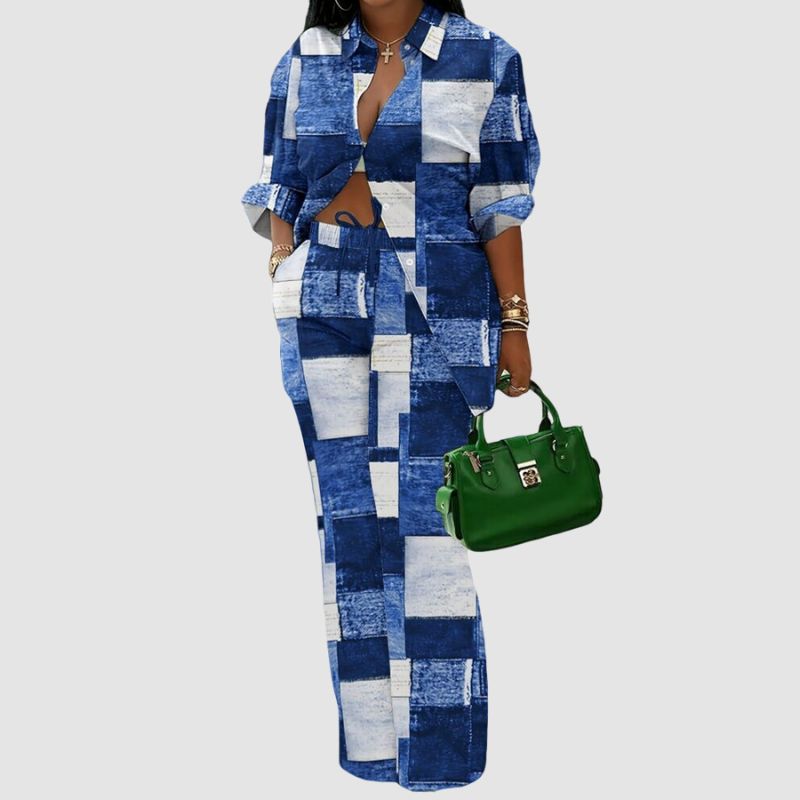 Printed Shirts & Wide Leg Pant Set Blue / M