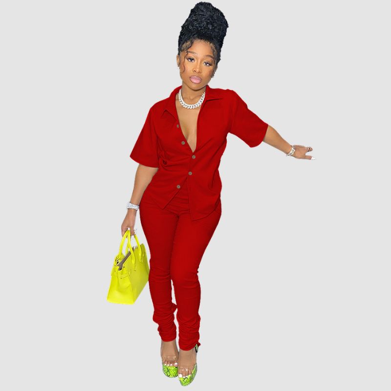 Casual Solid Color Shirt Set Red / M