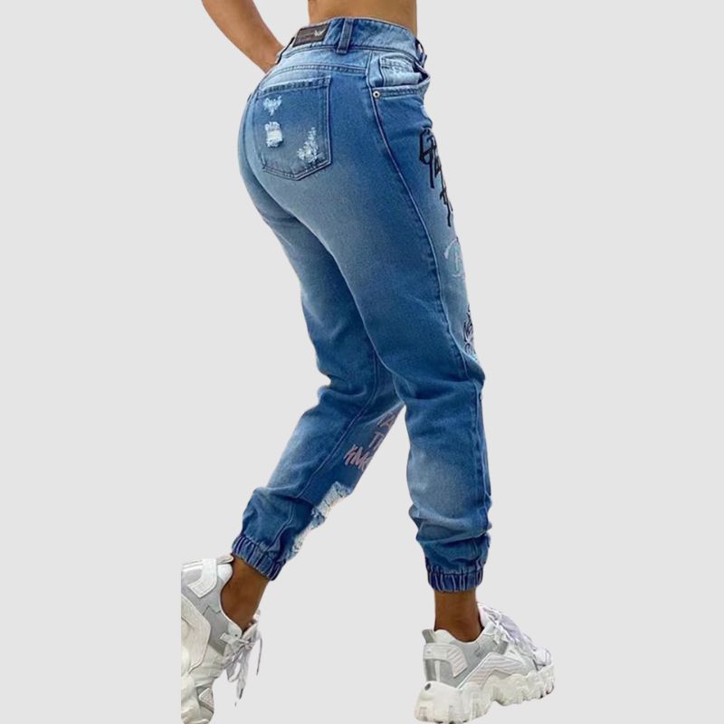 Letter Printed Ripped Jeans Blue / M