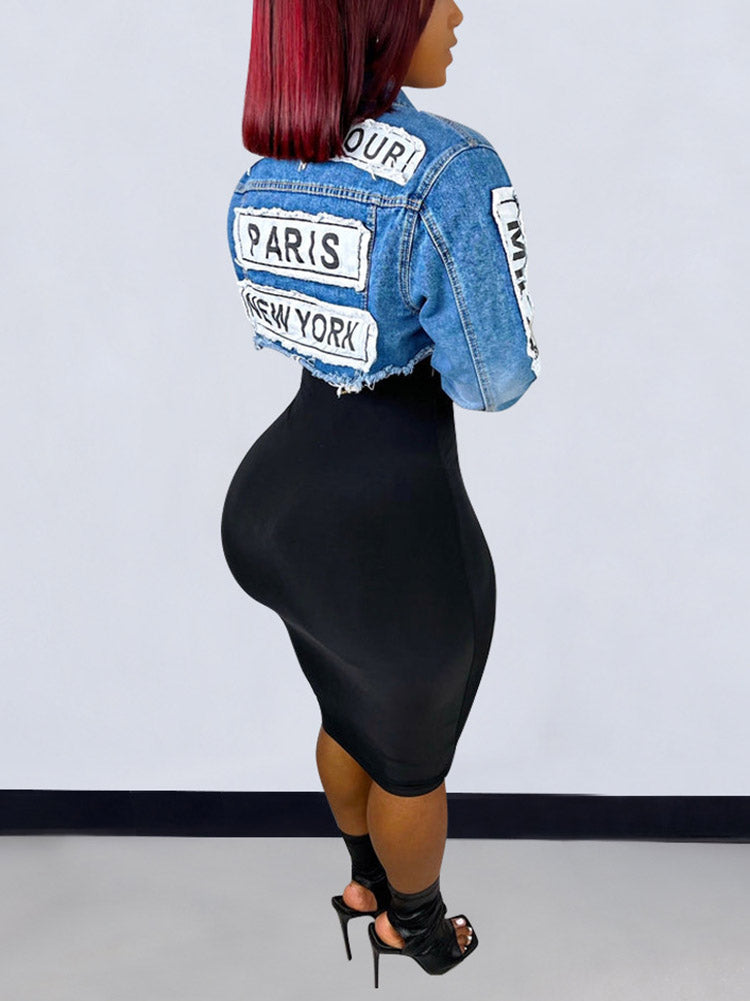 Letter Print Denim Jacket Blue / XL