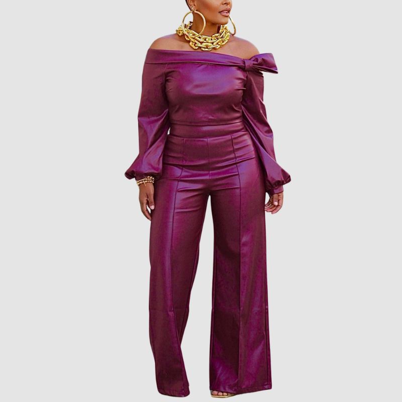 Off Shoulder PU Leather Set Wine / M