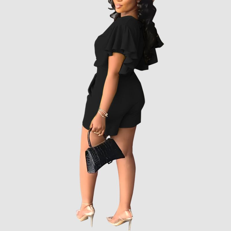 Ruffled V-neck Crop Top & Short Pants Set Black / M