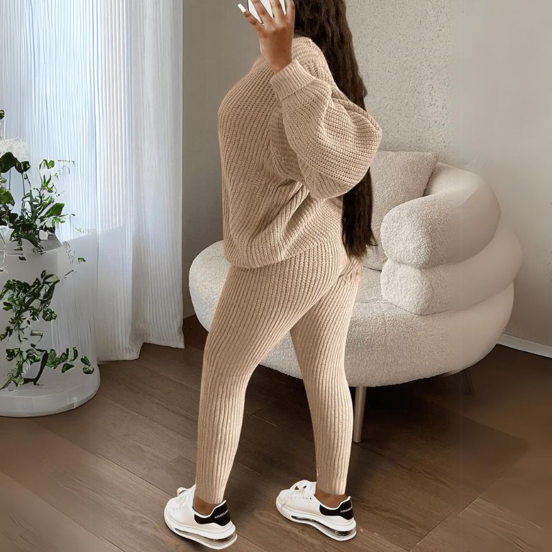 Solid Color Knit Pullover & Pants Set Khaki / S