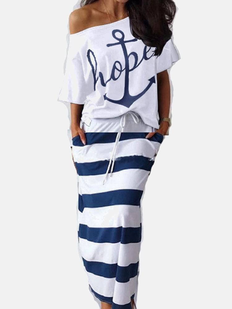 Print Off Shoulder Striped Skirt Set White / 2XL
