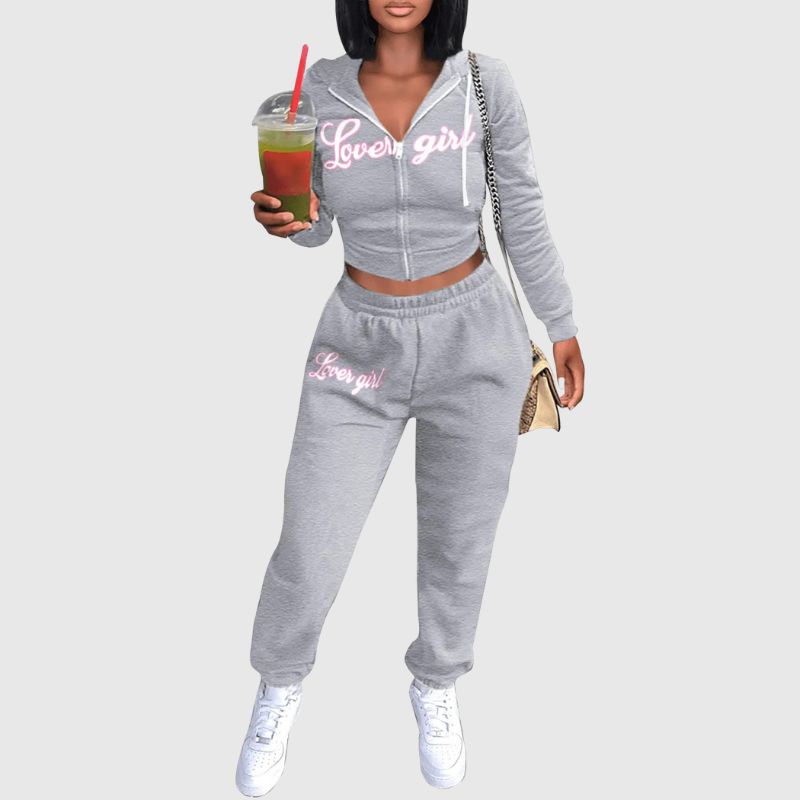 Zipper Hoodies Top Pant Set Black / M