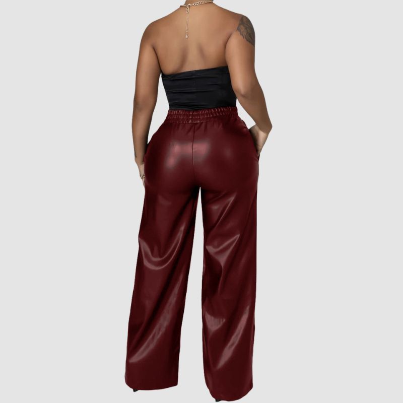 Solid Color Wide Leg PU Leather Pants Brown / XL