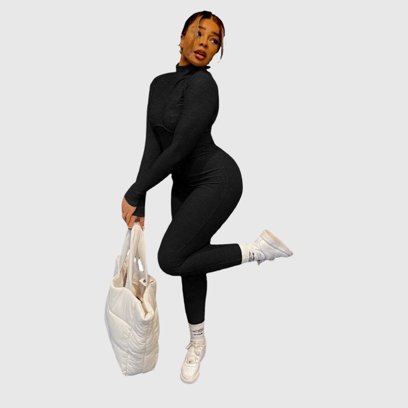 Solid Color Knit Jumpsuits Black / M