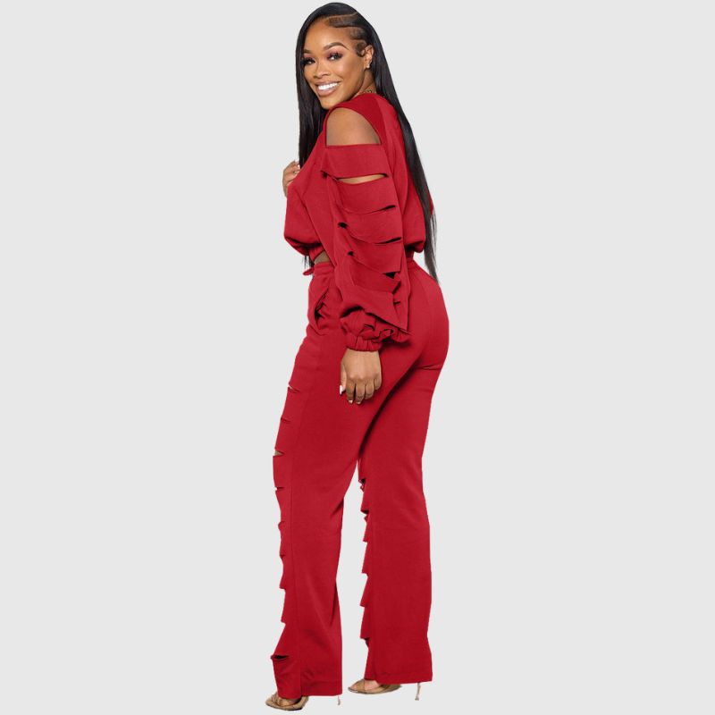 Hollow Out Design Pant Set Red / M