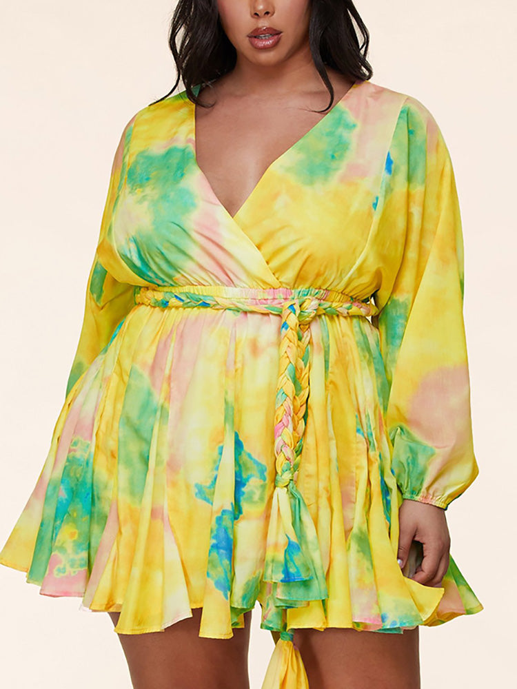 Women's Tie Dye With Belt V Neck Dress Yellow / 2XL