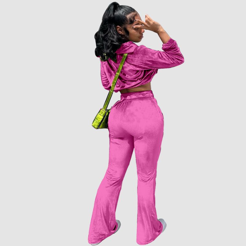 V-Neck Crop Top & Drawstring Flare Pant set Pink / M