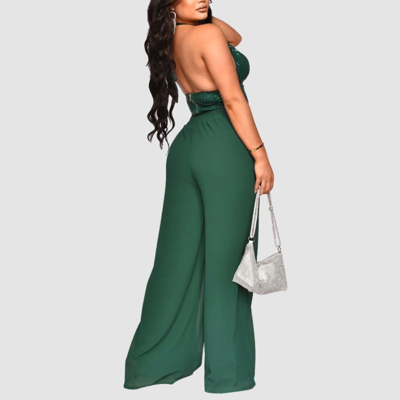 Sequined Halter Vest & High Waisted Straight Pants Set Green / M