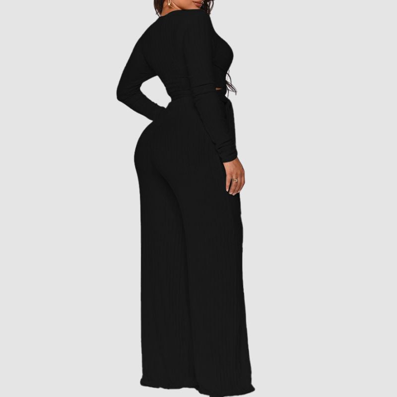 Ribbed Knit Tie-up Top & Wide Leg Pant Set Black / M