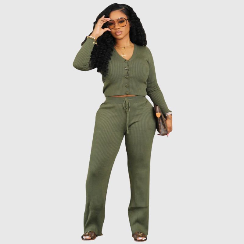 V-neck Crop Top & Drawstring Knit Pant set White / L