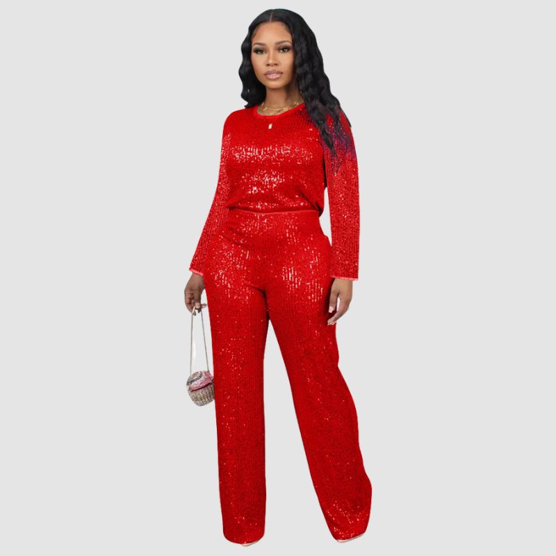 Solid Color Sequin Long Sleeve Set Black / M