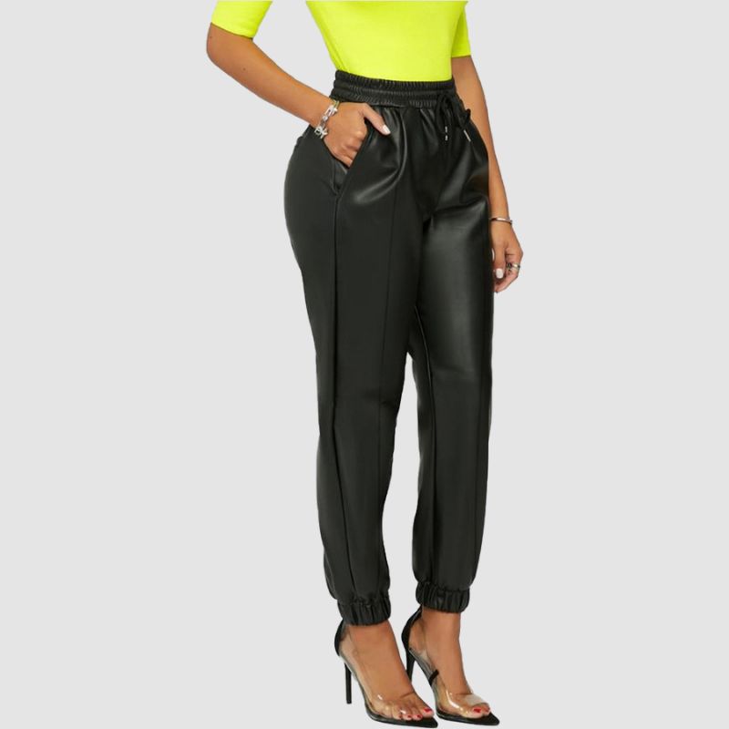 Solid Color Drawstring PU Pants Black / M