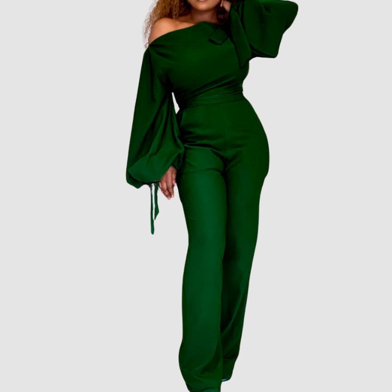 Off Shoulder Wide Leg Jumpsuit Green / M
