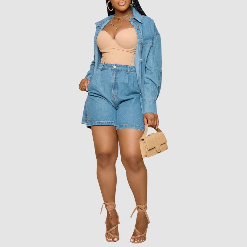 Casual Denim Jacket & Shorts Set Blue / M