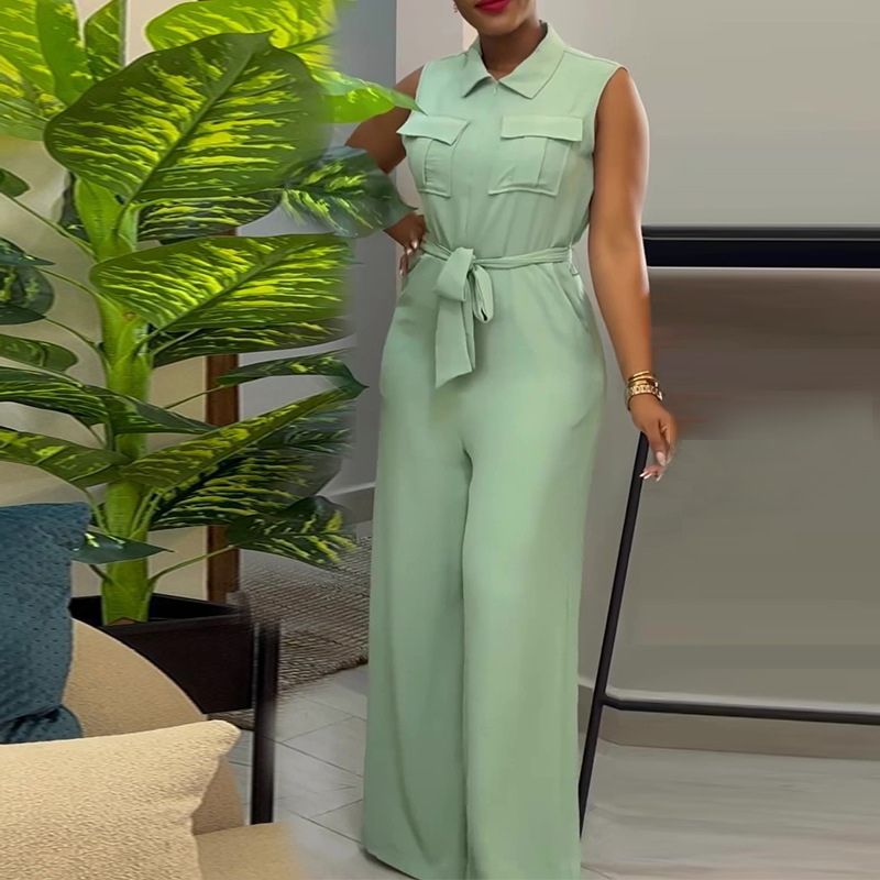 Lapel Lace-Up sleeveless jumpsuits Orange / M