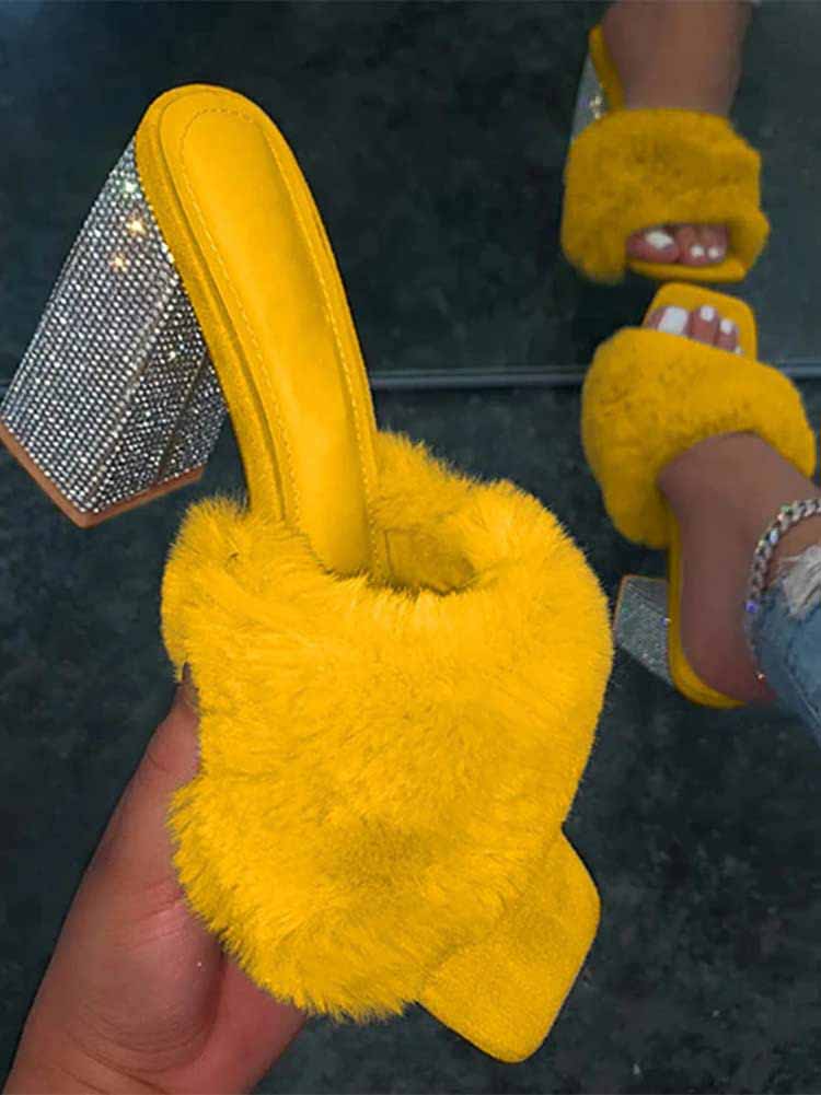 Rhinestone Chunky Heel Furry Sandal Apricot / 8.5