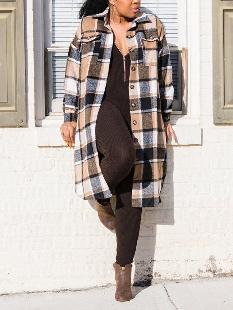 Flannel Pocket Plaid Cardigan Khaki / L