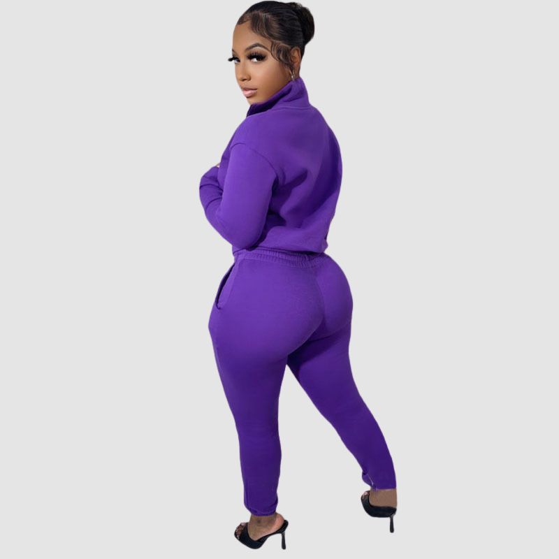 Zipper Sweatshirt & Drawstring Waist Pants Set Purple / M
