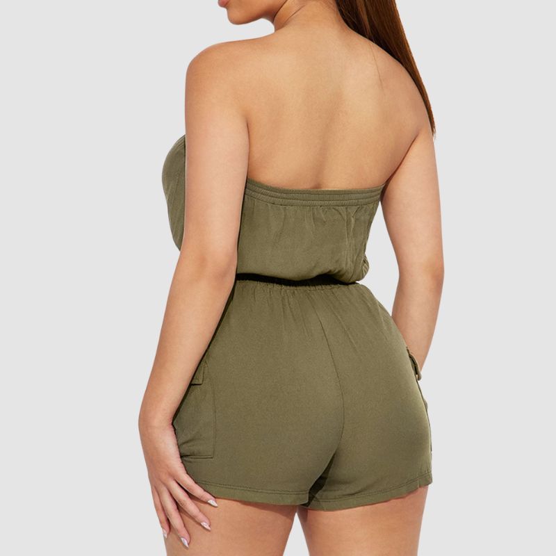 Off Shoulder Tube Top Cargo Romper Green / M