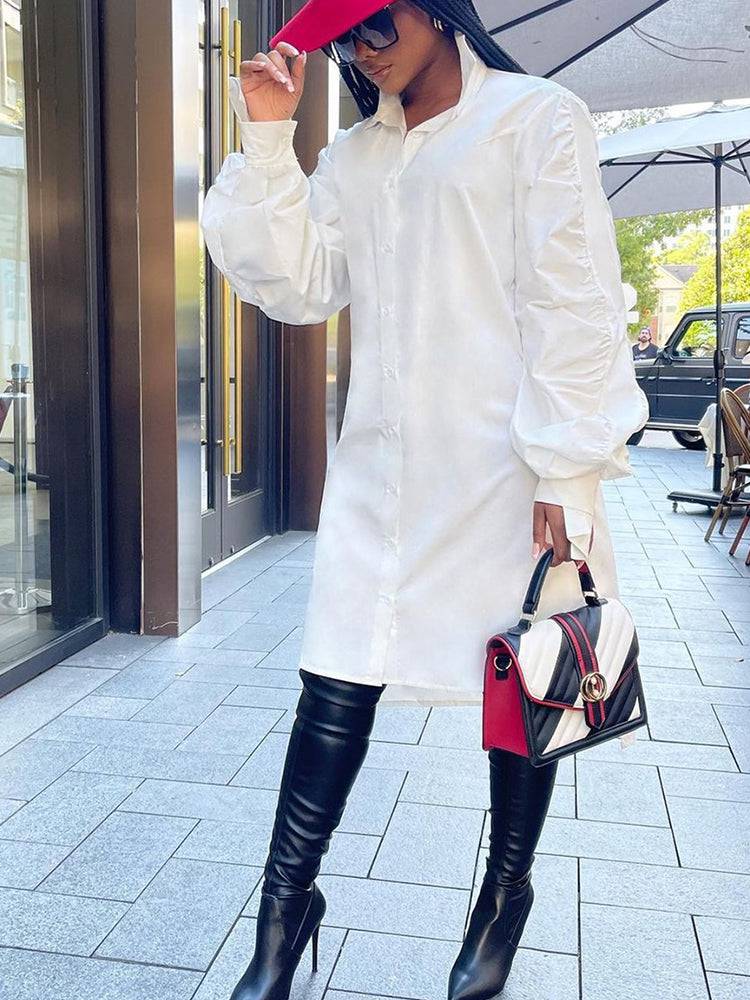 Turndown Collar Long Sleeve Shirt Dress White / XL