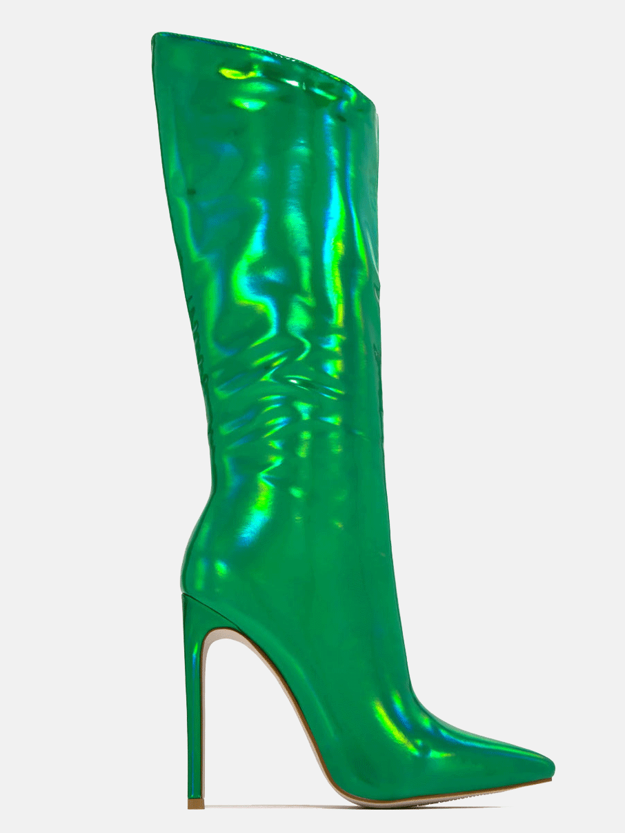 Leather Stiletto Heeled Shiny Boots Green / 4/4.5