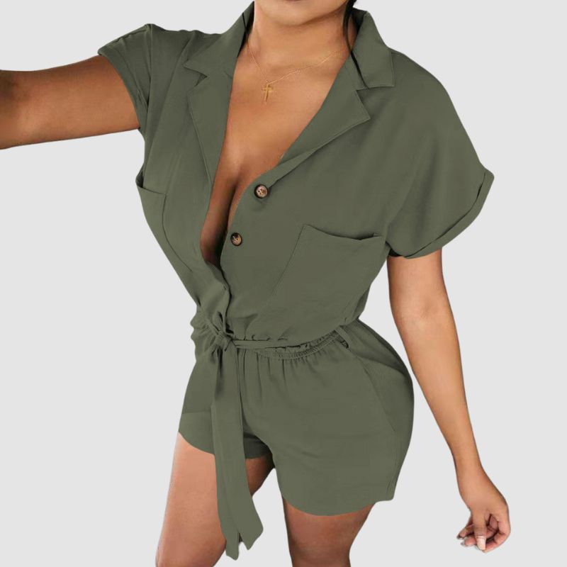 Simple Lapel Tie Up Romper Khaki / M