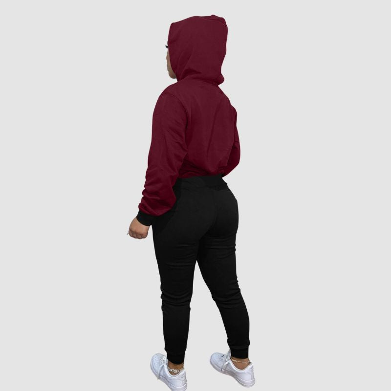 Patchwork Hoodies & Solid Color Pant Set Wine / M