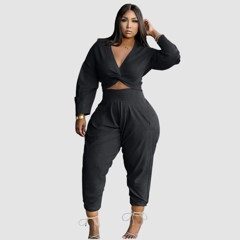 Twisted V-neck Crop Top & High Waist Pant Set Grey / M