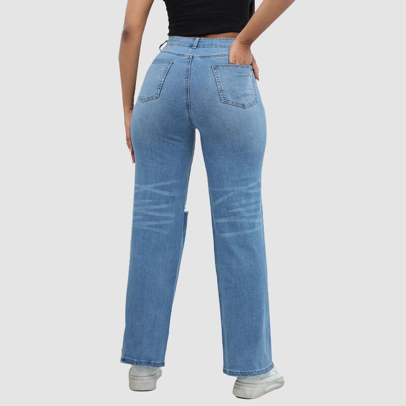 High Waist Ripped Wide Leg Jeans Dark Blue / S