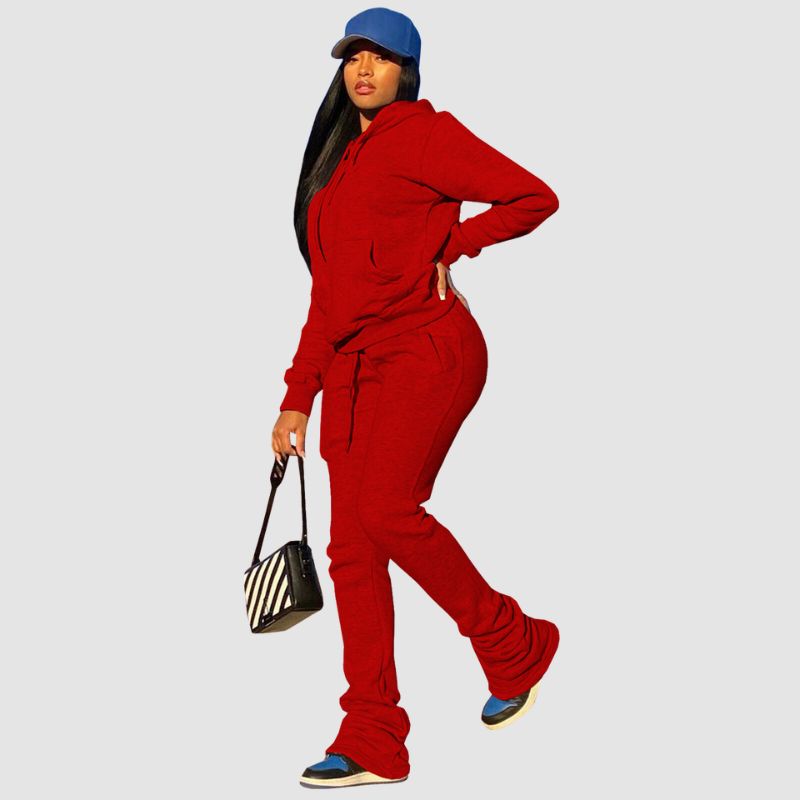 Solid Color Hoodies & Piled Pant Set Pink / M