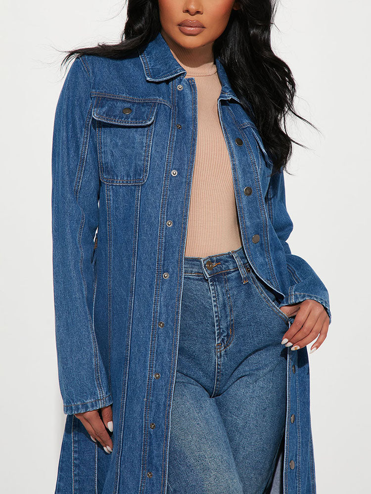 Denim Coat With Belt Blue / M
