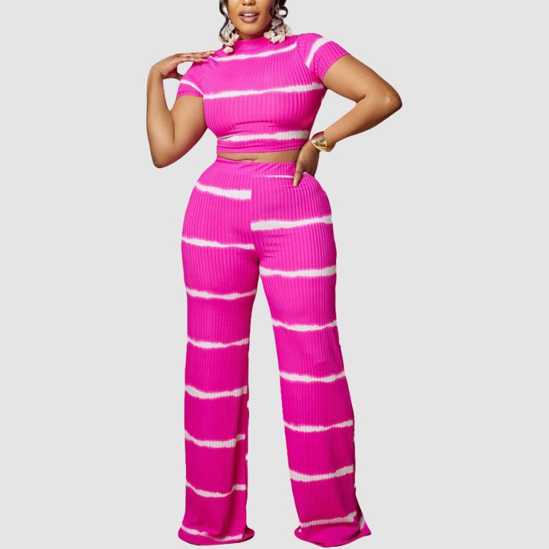 Stripe Printed Ribbed Knit Wide Leg Set Rose / M