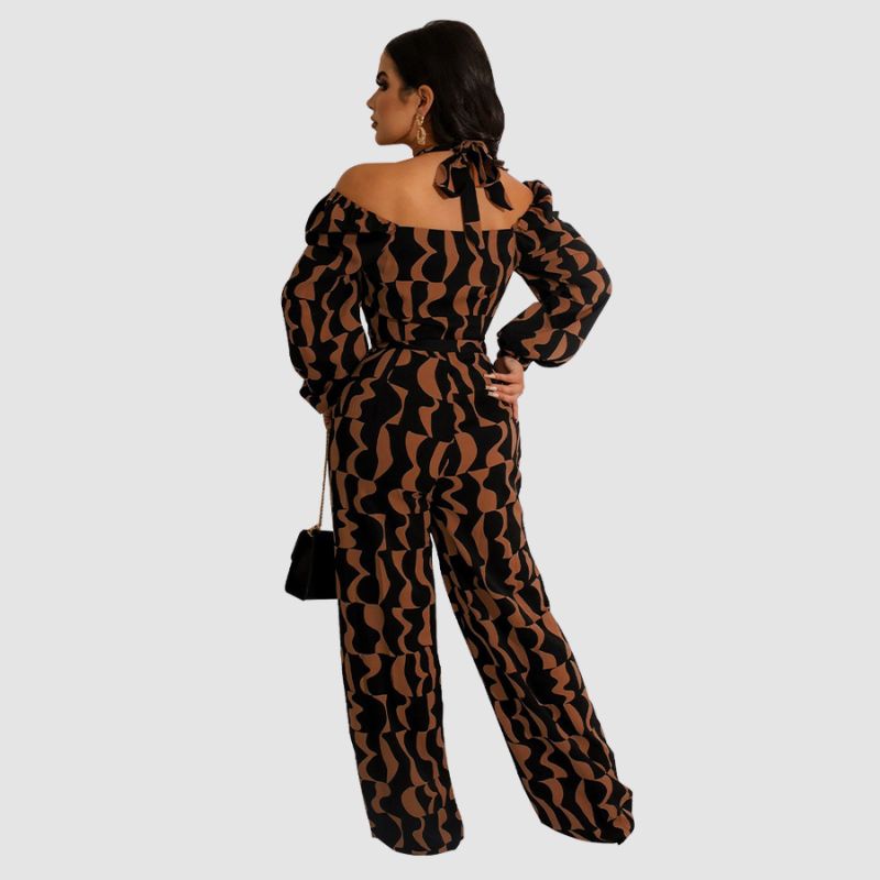Irregular Printed Halter Jumpsuits Coffee / M