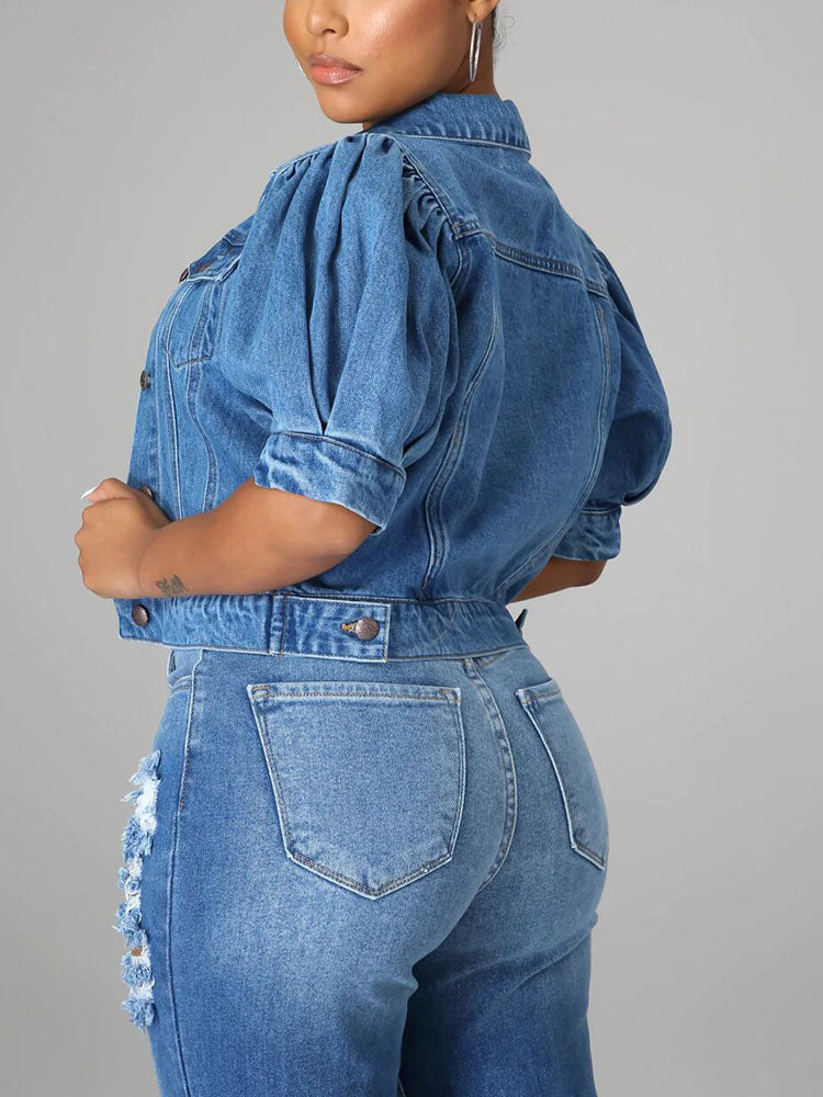 Puff Short Sleeve Denim Jacket Dark Blue / L